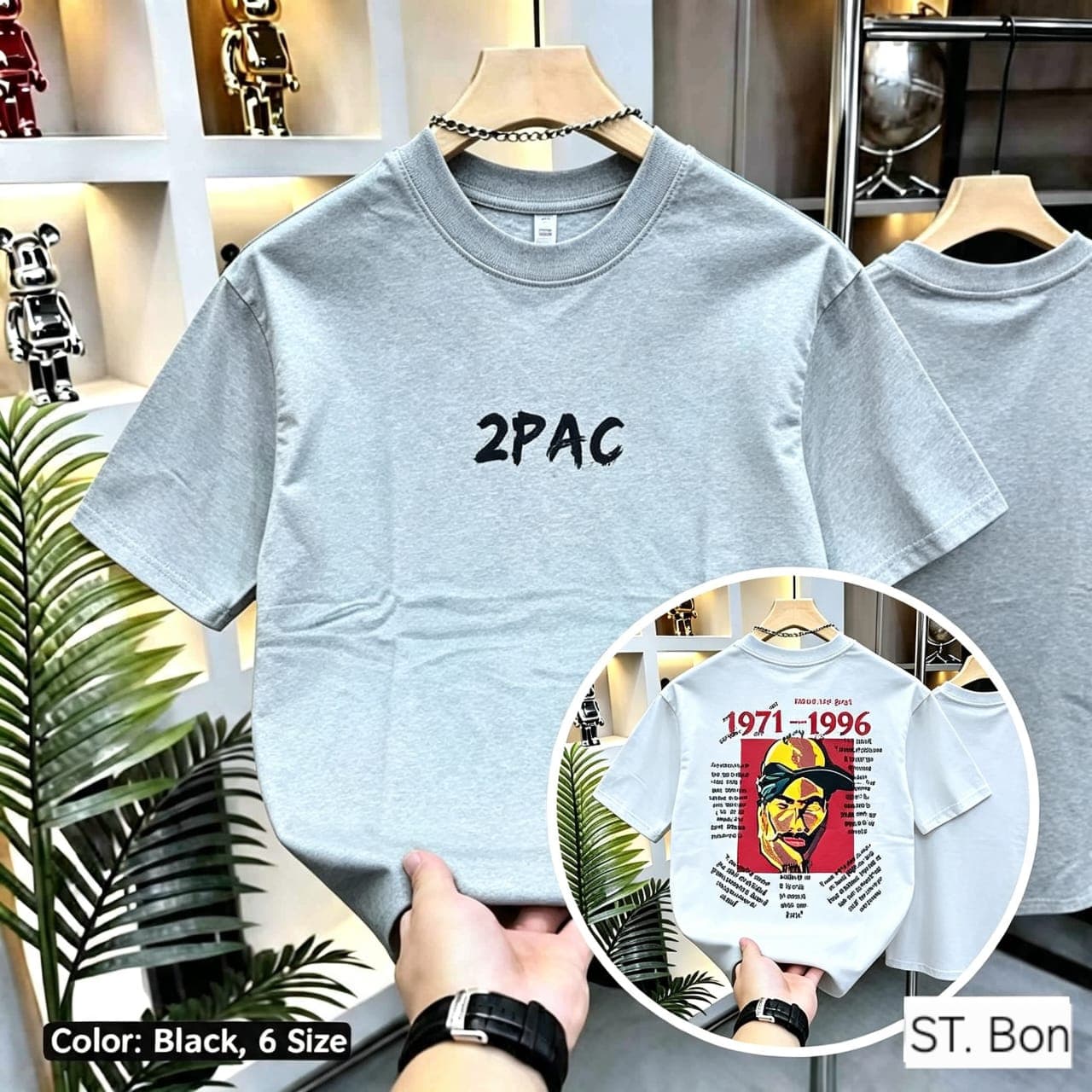 Gray 2PAC graphic t-shirt shown front and back.