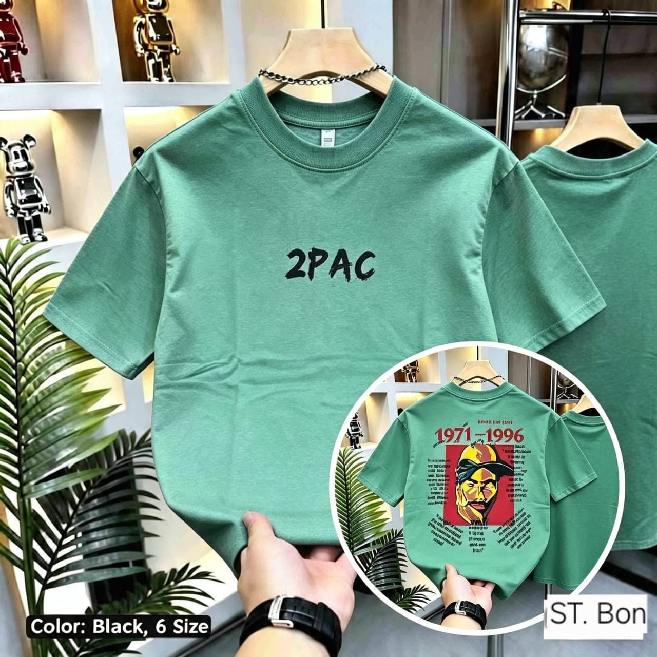 Green 2PAC graphic t-shirt shown front and back.