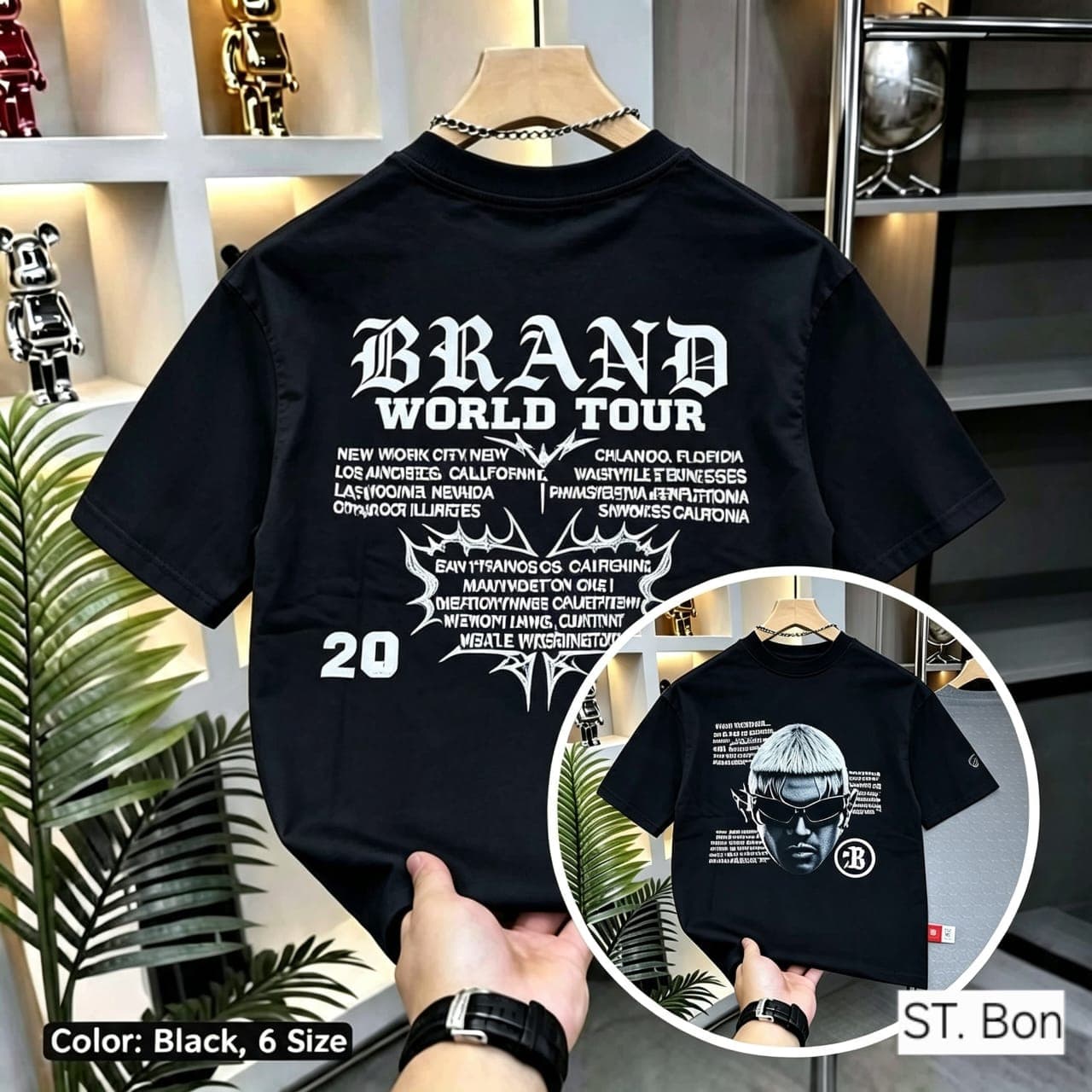 Black t-shirt with Brand World Tour back print, city names and front portrait inset.