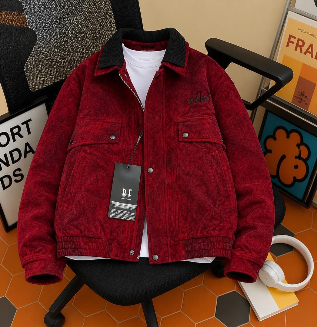 Eckö red corduroy trucker jacket worn over white tee on black chair.