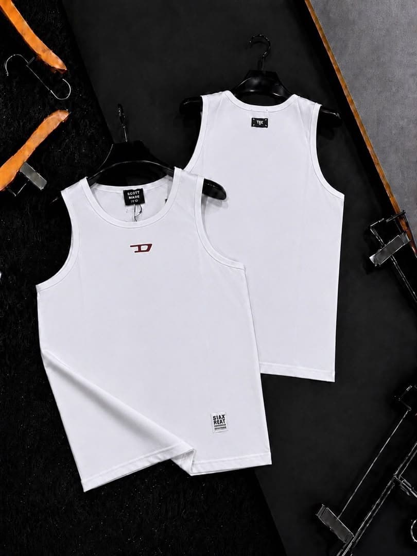 White armless tank top shown in front and back views.