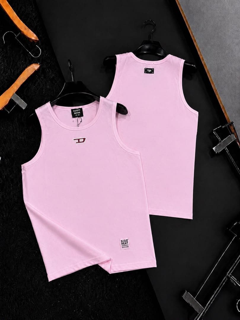 Pink armless tank top shown in front and back views.