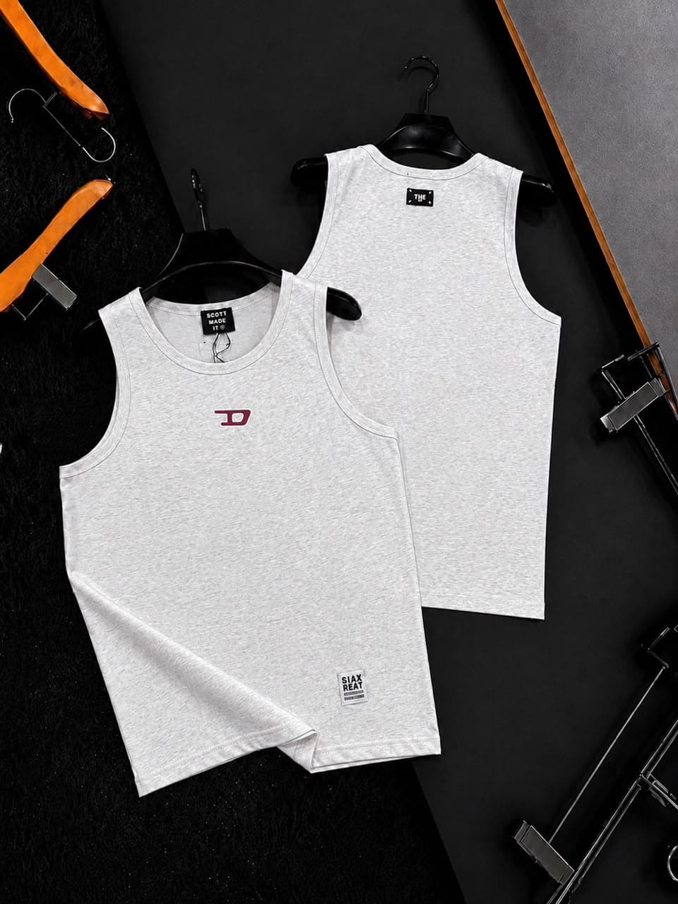 Gray armless tank top shown in front and back views.