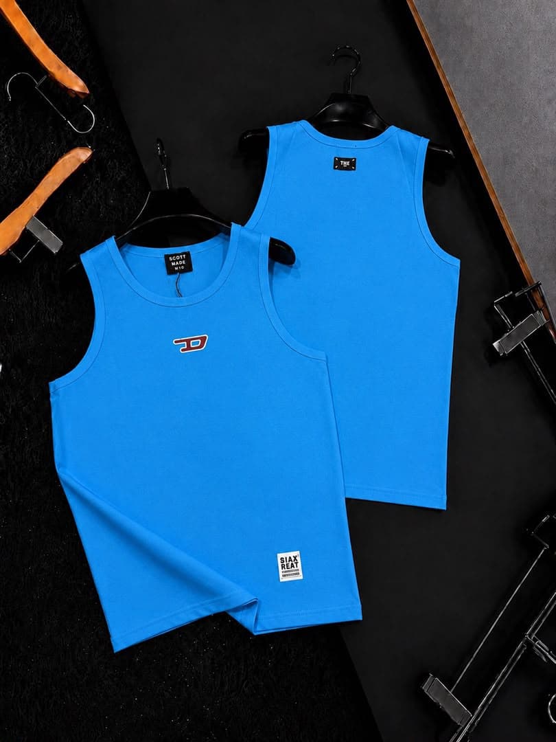 Blue armless tank top shown in front and back views.