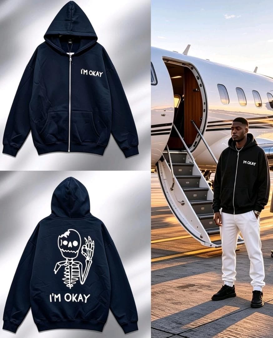 Navy zip-up hoodie with I'm Okay text and skeleton graphic on back, shown in flatlay and on model.