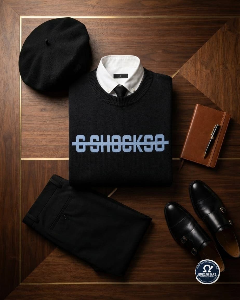 Flat lay of black digital graphic knit sweater with white shirt, tie, black trousers, beret, notebook and shoes.