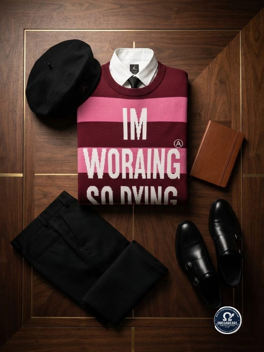 Flat lay of maroon and pink striped slogan knit sweater with white shirt, tie, black trousers, beret and shoes.
