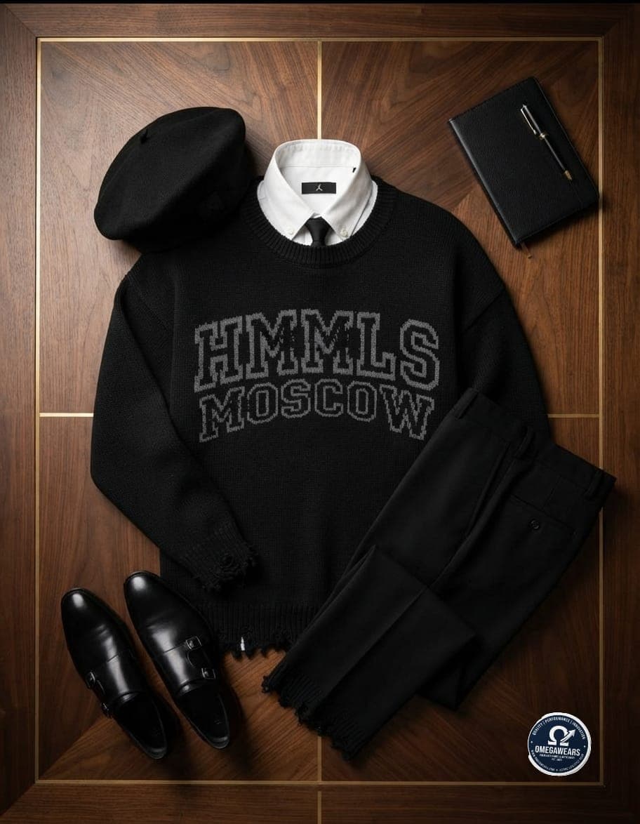 Flat lay of black HMMLS MOSCOW graphic knit sweater with white shirt, tie, black trousers, beret, shoes, notebook and pen.
