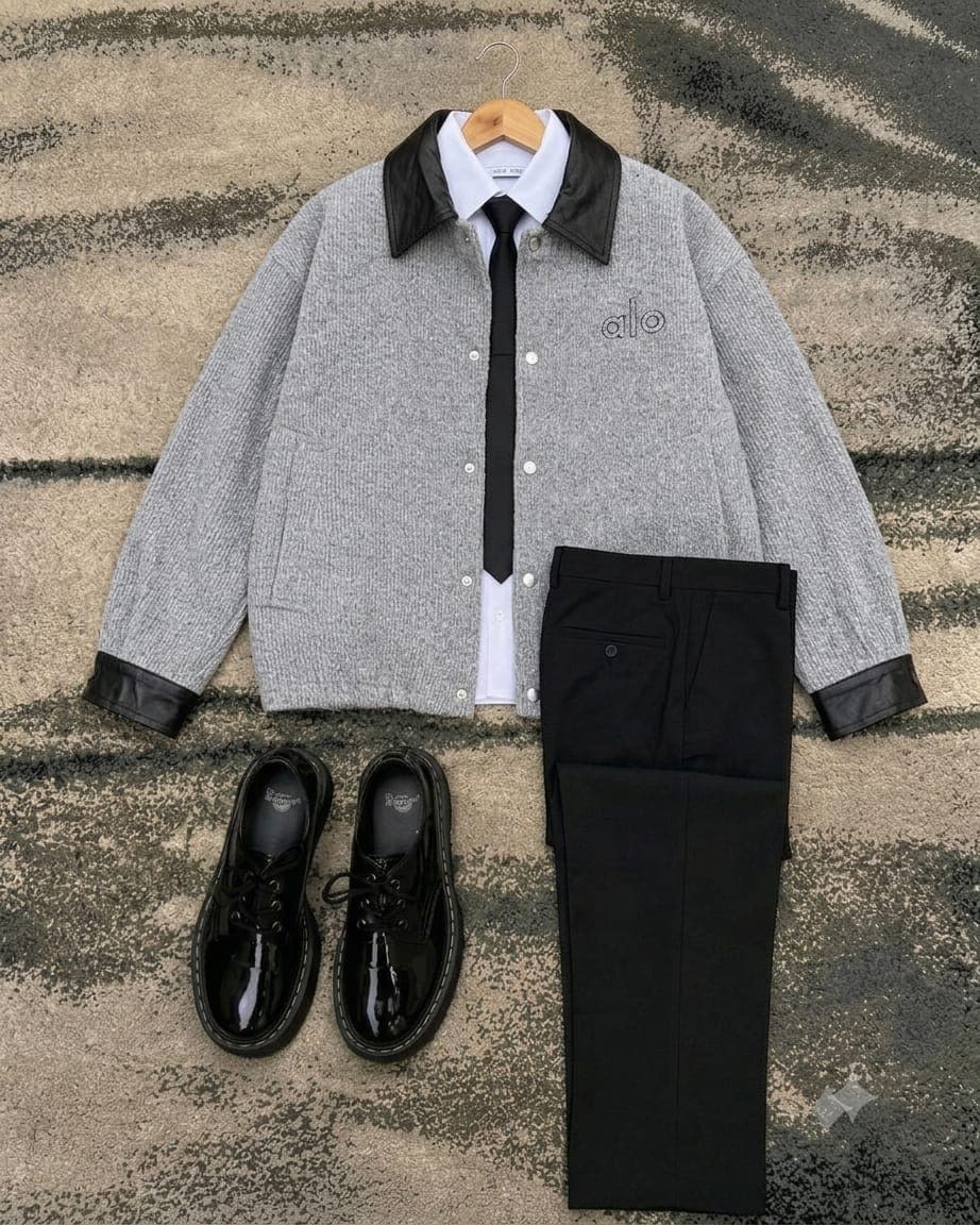 Gray textured knit jacket with leather trim, white shirt, black tie, trousers and shoes.