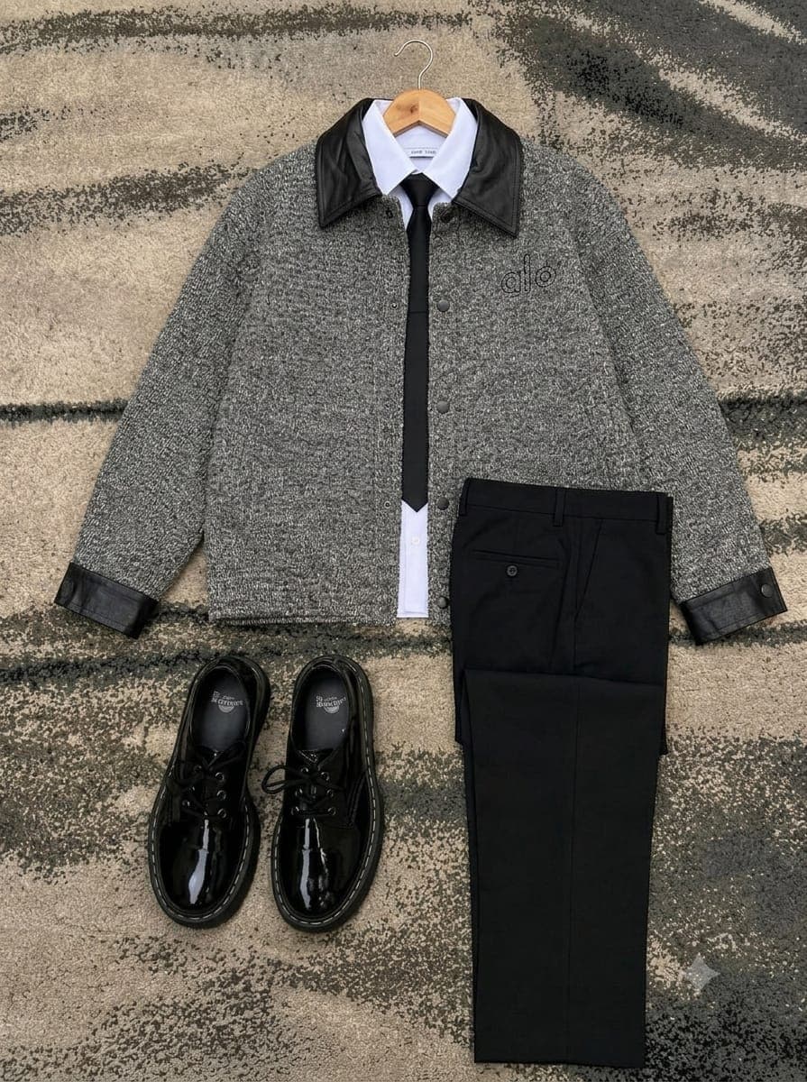Gray knit jacket with black leather collar, white shirt, black tie, black trousers and shoes.