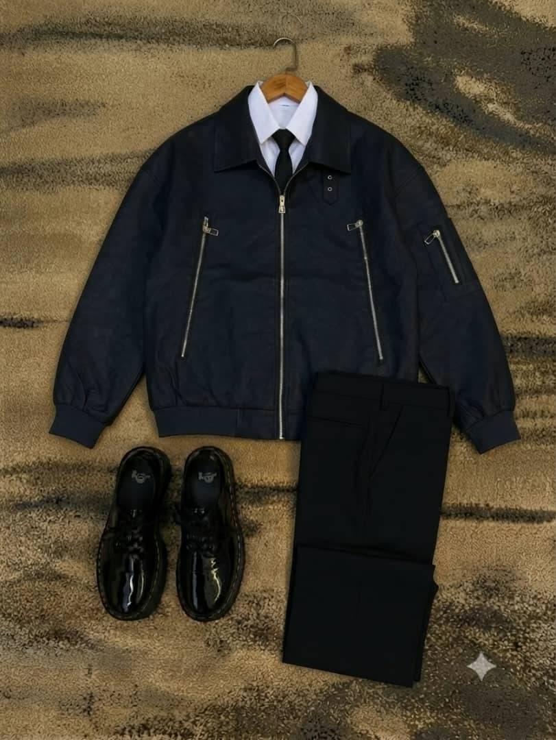 Black bomber jacket with zip details, white shirt, black tie, trousers and shoes.