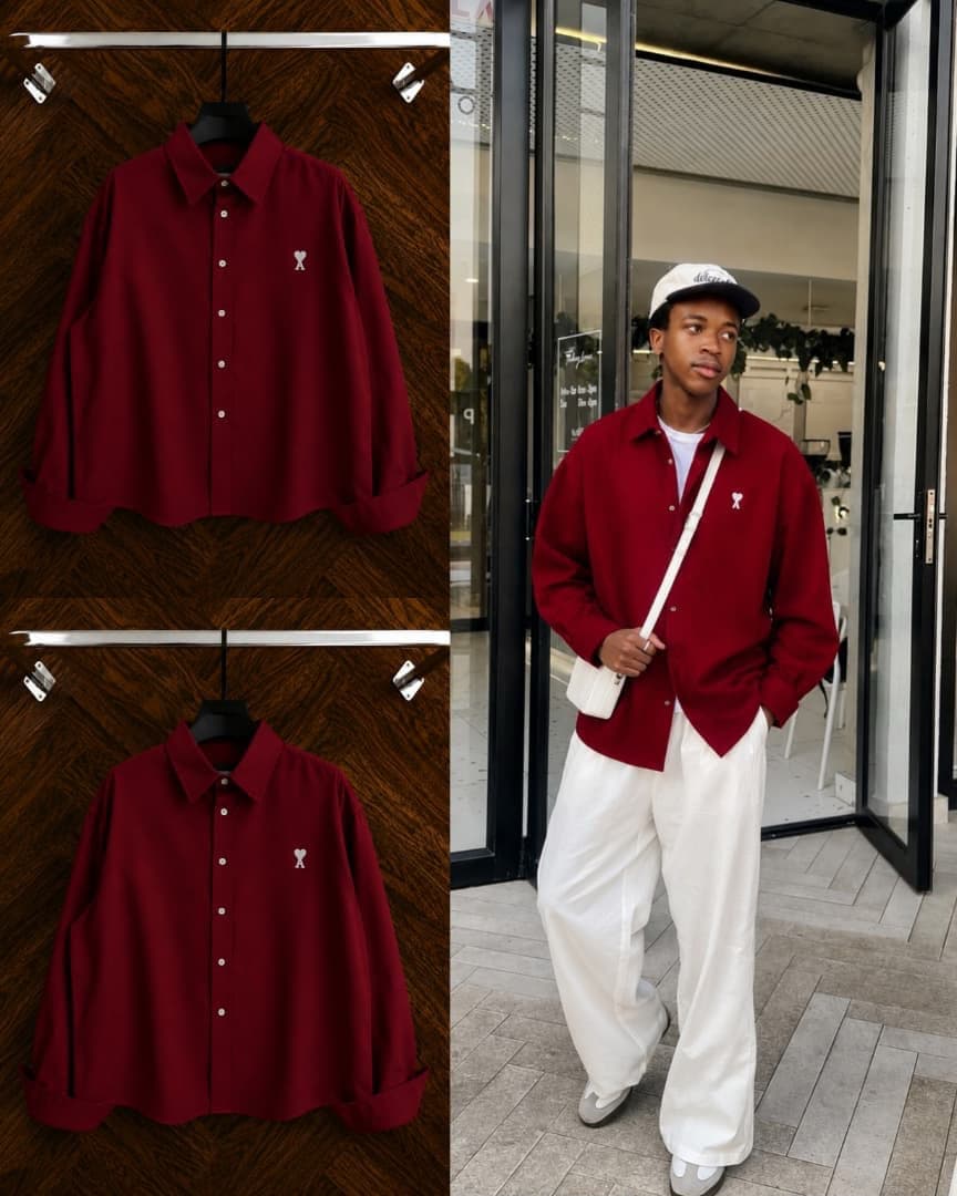 Male model wearing burgundy embroidered shirt with white trousers, plus flat lays.