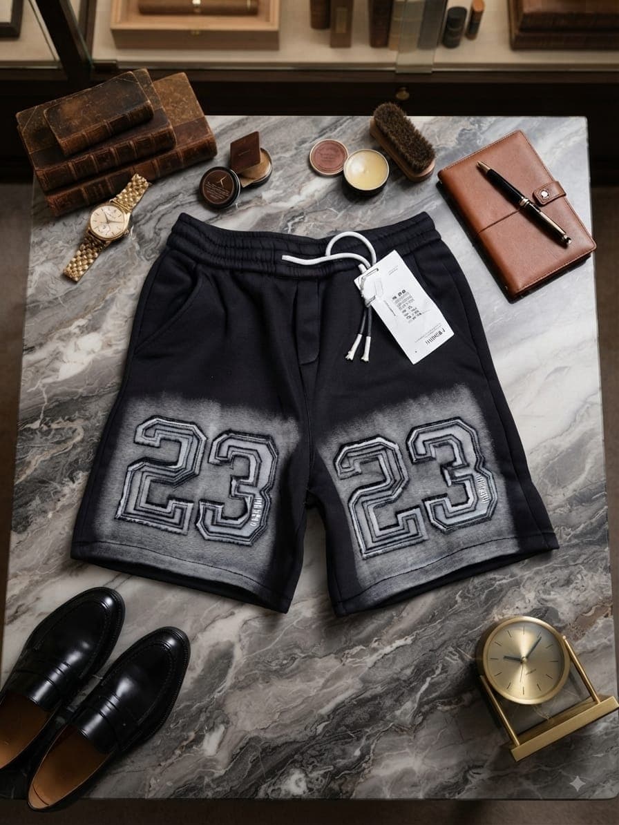 Black stone-washed shorts with large 23 embroidery on faded panels, displayed flat on marble with luxury accessories.