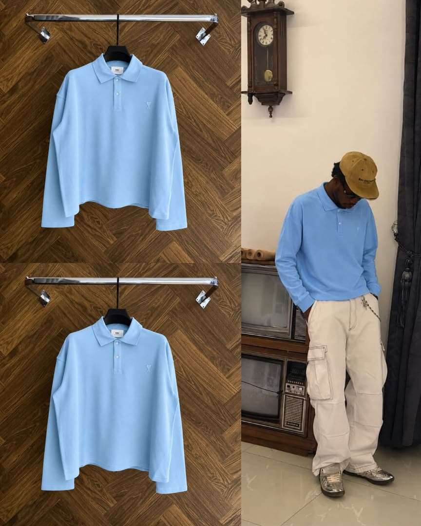 Light blue AMI long sleeve polo shirt shown in flat lay and worn with cargo pants.