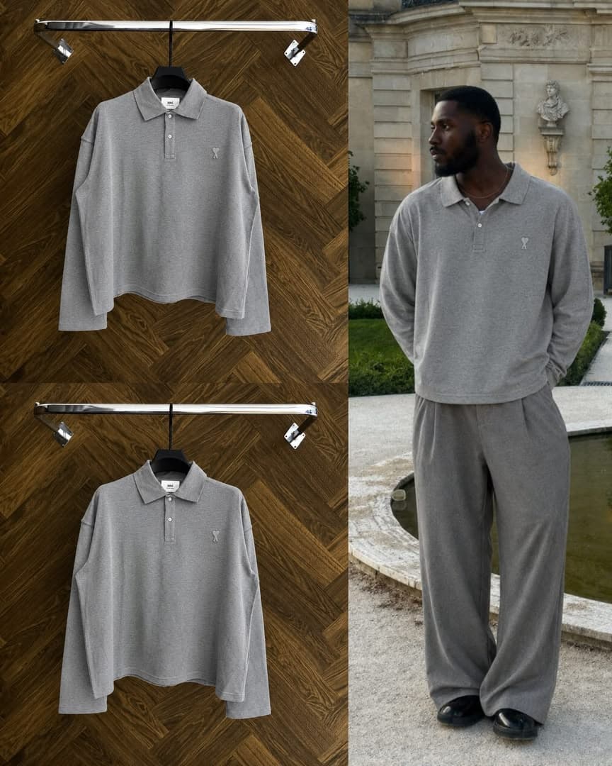 Gray AMI long sleeve polo shirt displayed flat and styled on male model outdoors.