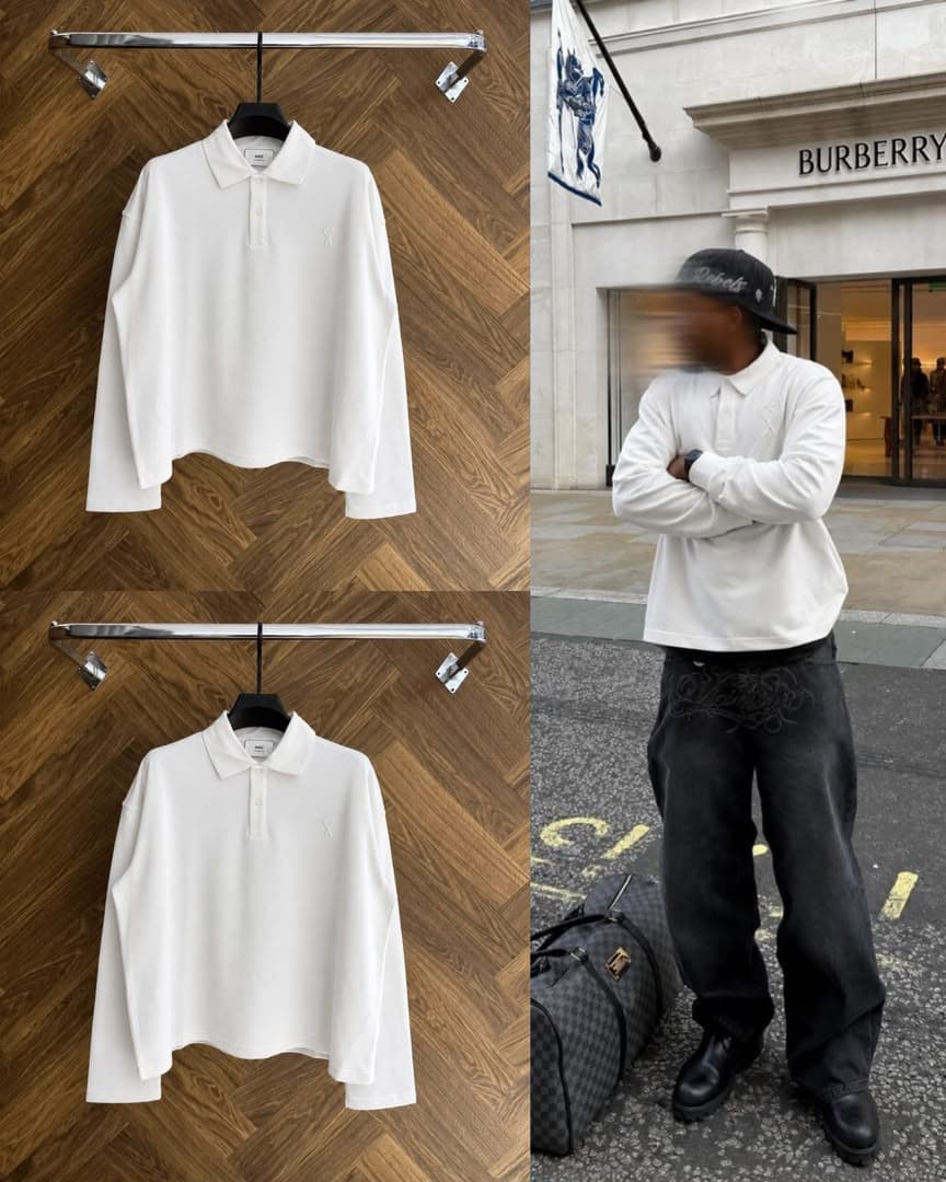 White AMI long sleeve polo shirt shown in flat lay and worn on model.