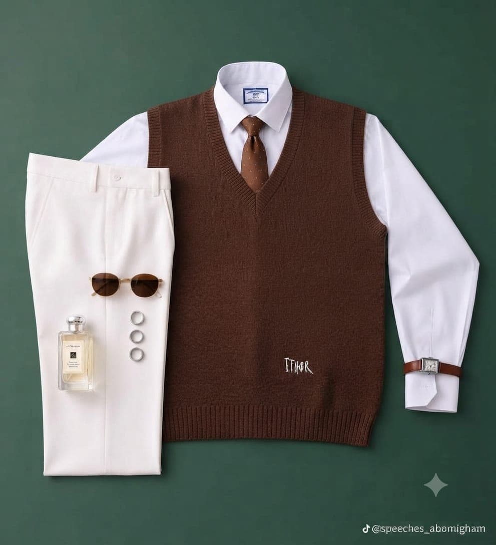 Brown knit vest with white shirt, brown tie and white trousers styled flat lay with accessories.