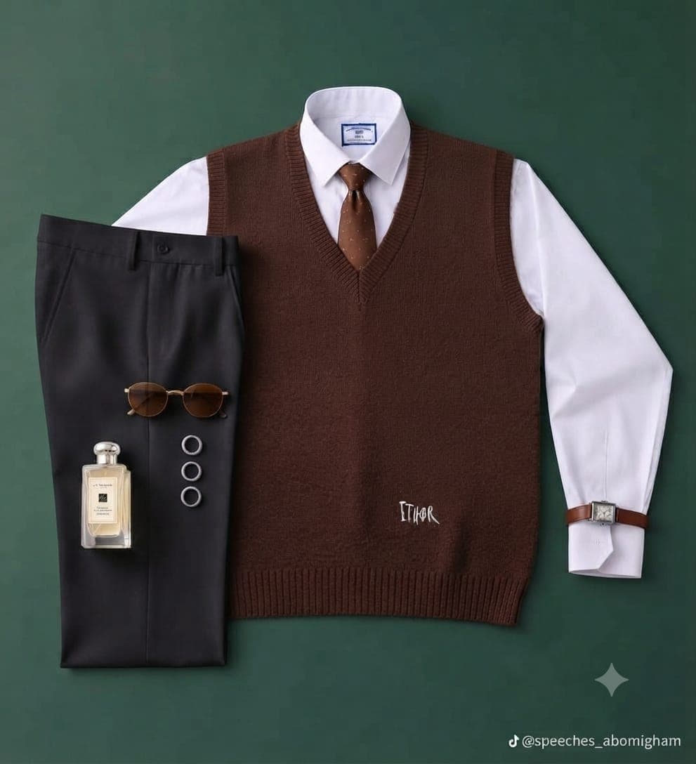 Brown knit vest with white shirt, brown tie and black trousers styled flat lay with accessories.