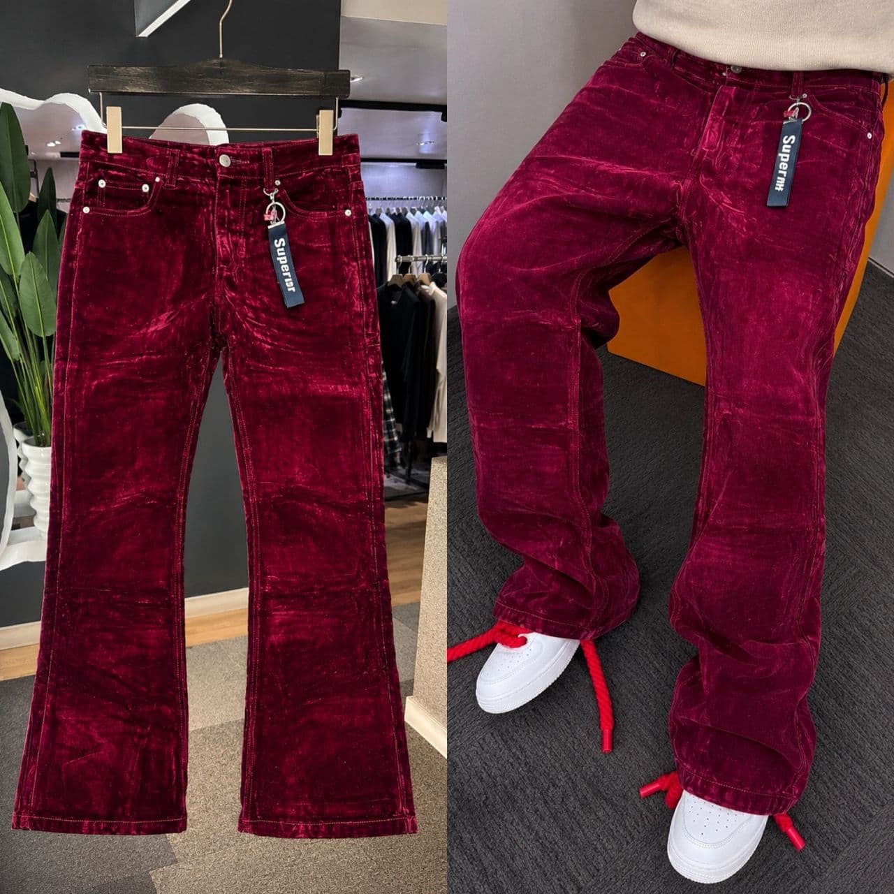Burgundy velvet baggy flared trousers shown flat on hanger and worn with white sneakers.