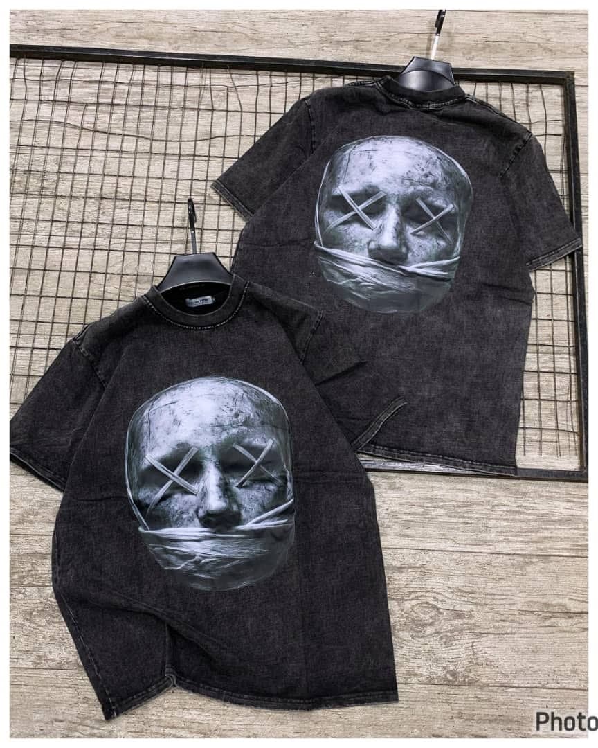 Black stonewash t-shirt displayed from front and back with bandaged face graphic.