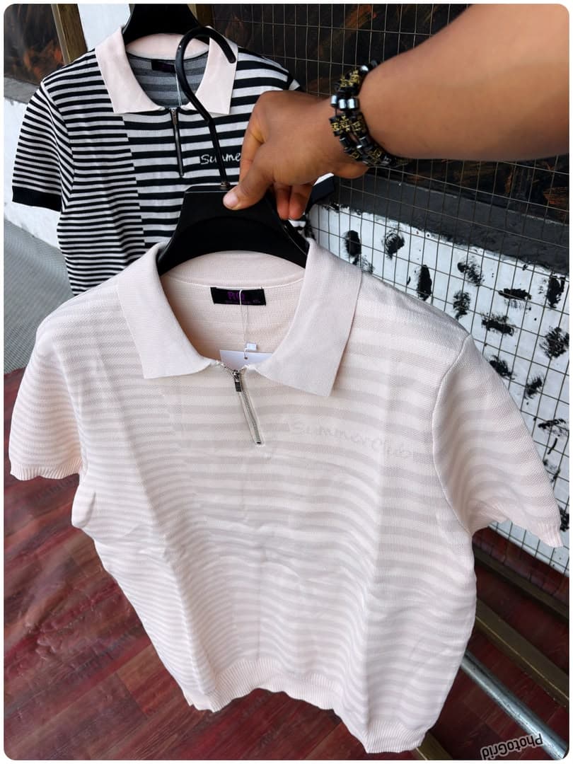 Light pink and black striped half-zip polo shirts with Summer Club embroidery.