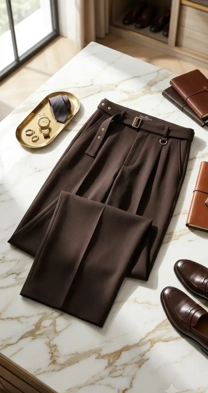 Flat lay of brown wide leg pleated flare trousers styled with luxury accessories.