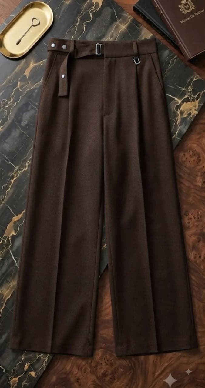 Flat lay of brown wide leg pleated flare trousers on marble and wood surface.