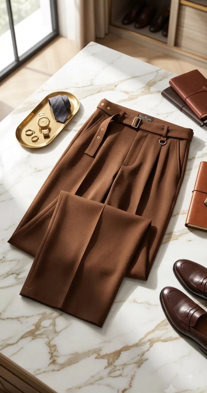 Flat lay of brown wide leg pleated flare trousers on marble surface with accessories.