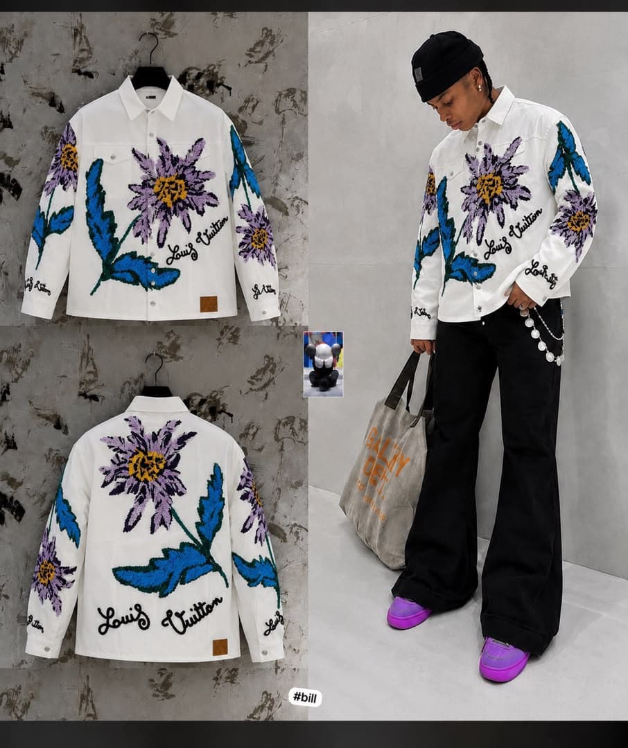 White floral embroidered jacket on hanger front and back, plus model wearing white version.