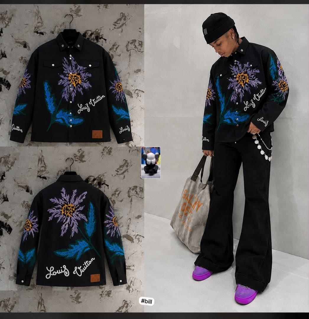Black floral embroidered jacket shown on hanger, back view, and model wearing it.