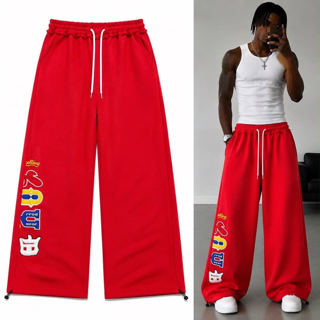 Red wide-leg joggers with colorful side graphic and crown detail, flat lay and model views.