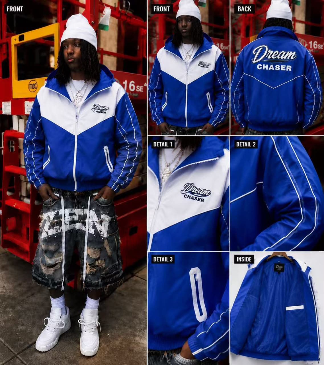 Blue and white Dream Chaser colorblock jacket shown in model lifestyle, front, back, and detail views.