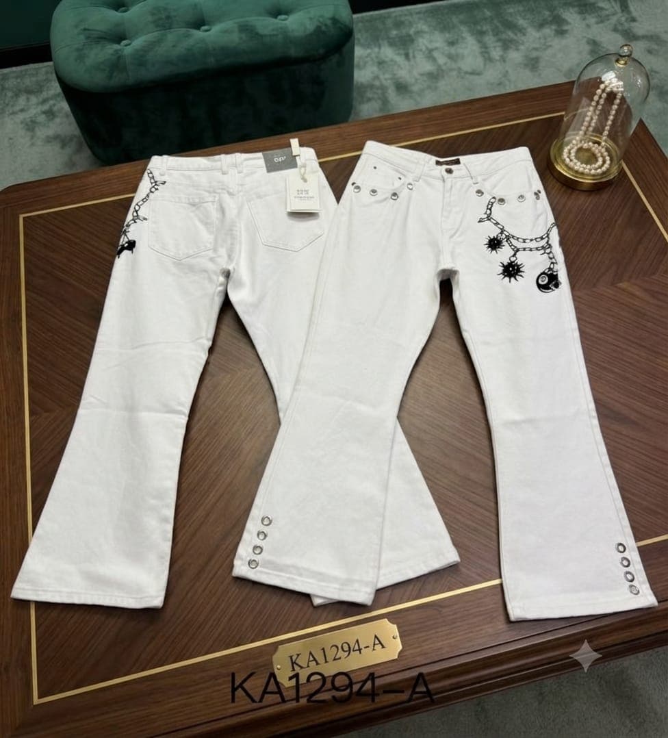 White flared jeans displayed with front and back views showing black chain embroidery and button details.