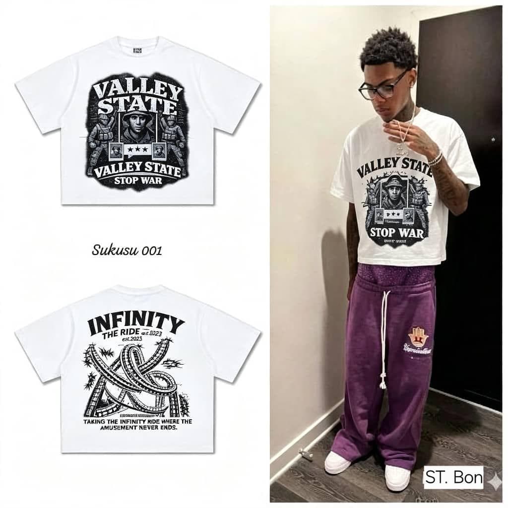 White Valley State crop top with front and back designs plus model.
