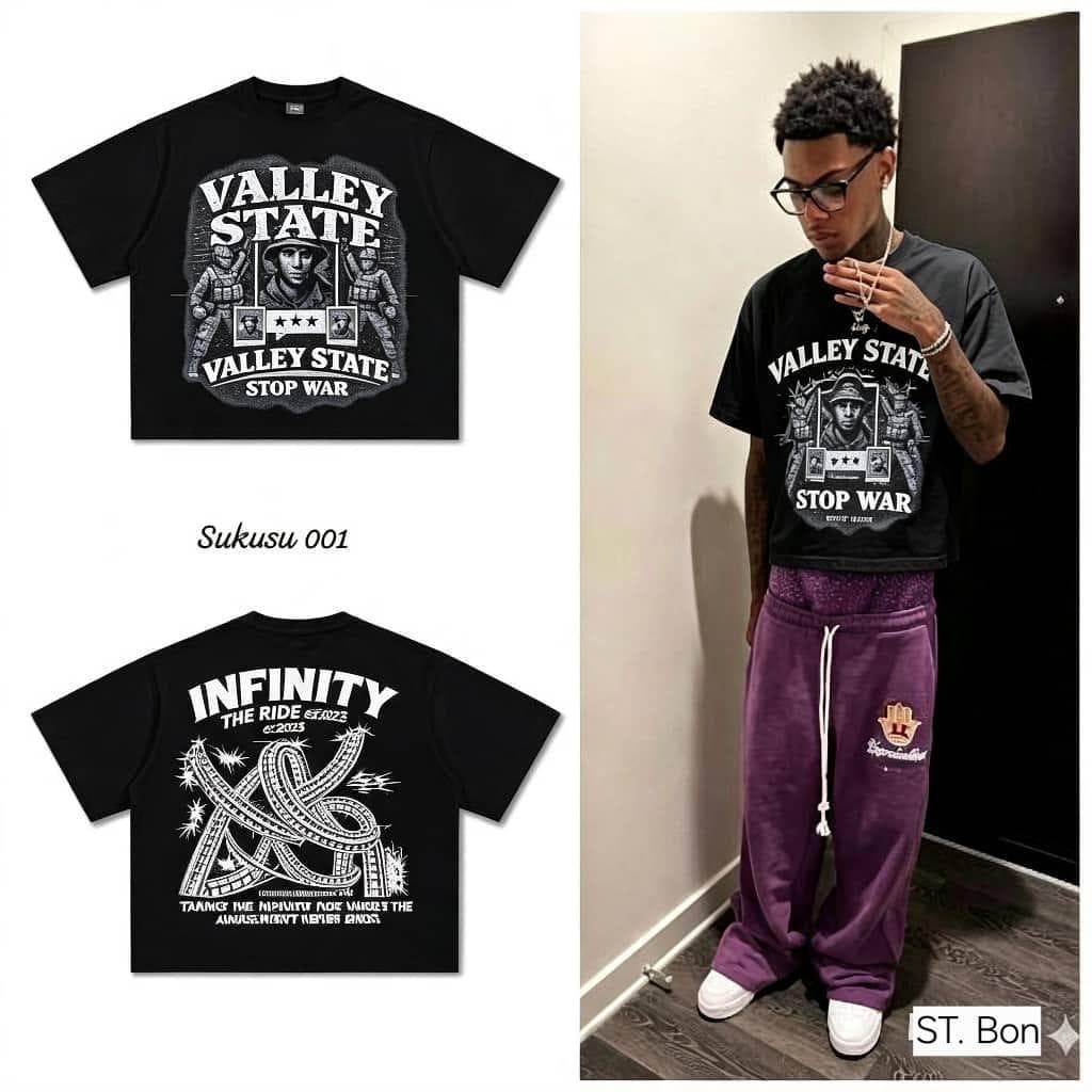 Black Valley State crop top displaying both sides and worn on model.