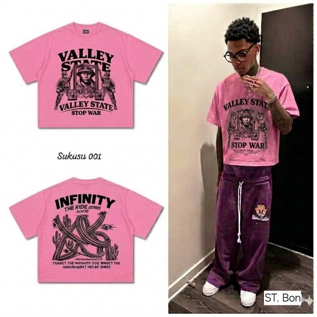 Pink Valley State crop top with front graphic, back infinity print, and model view.