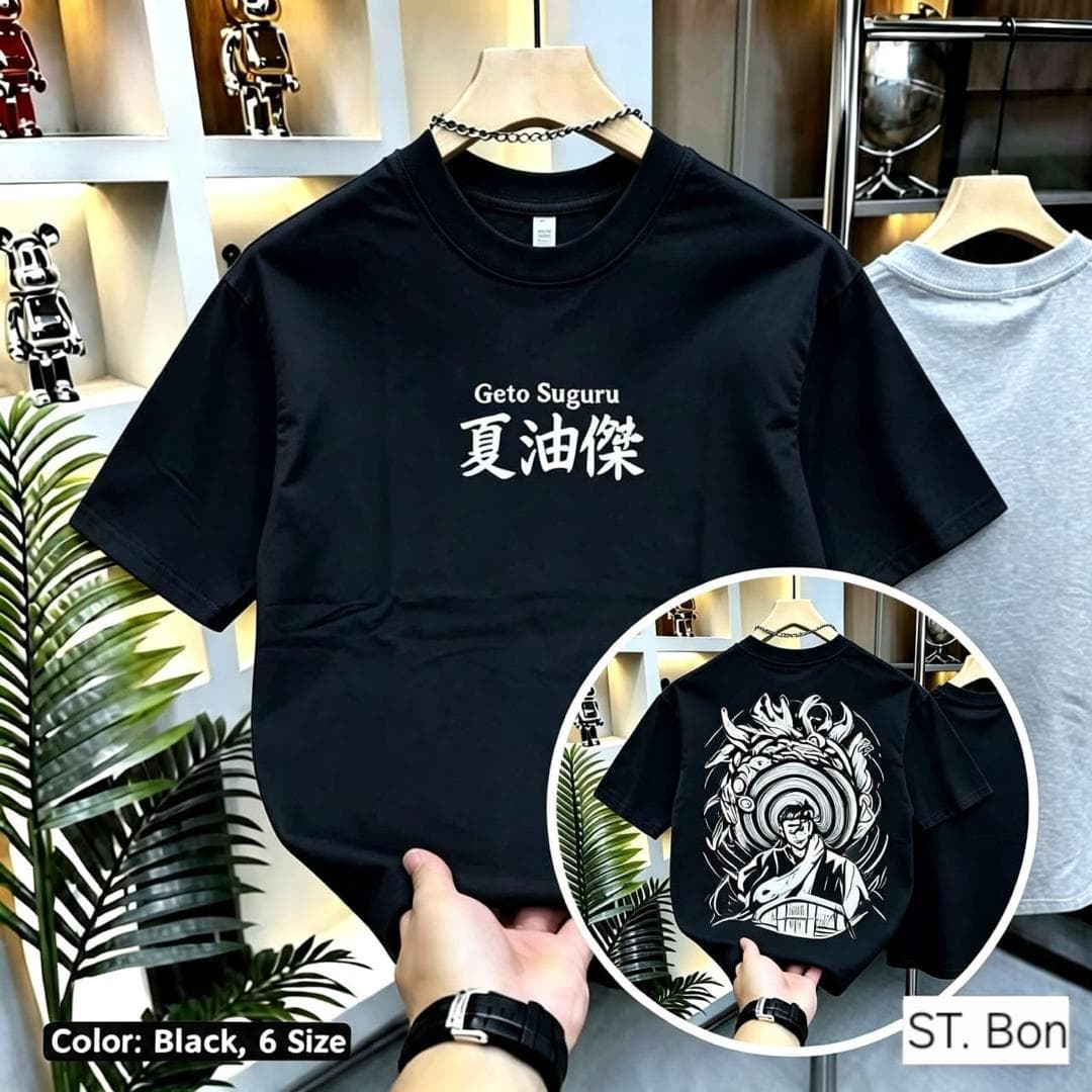 Black Geto Suguru crop top with front and back prints plus model elements.