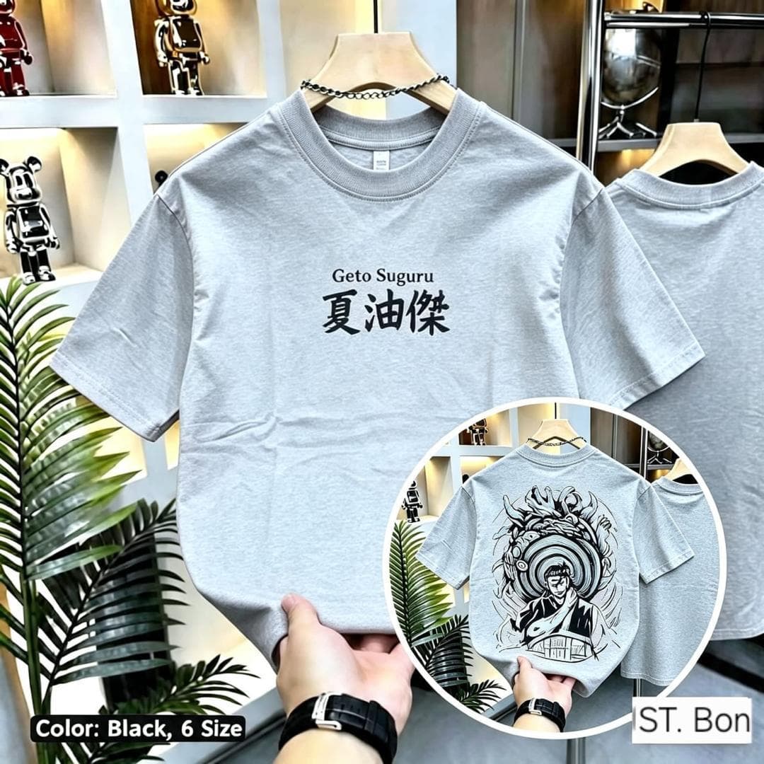 Gray Geto Suguru crop top with front print, back graphic inset, and color size note.