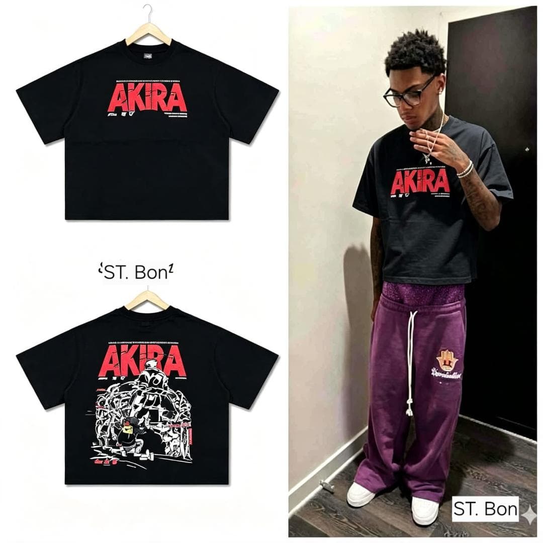 Black Akira crop top with red front text, graphic back, and model wearing it.