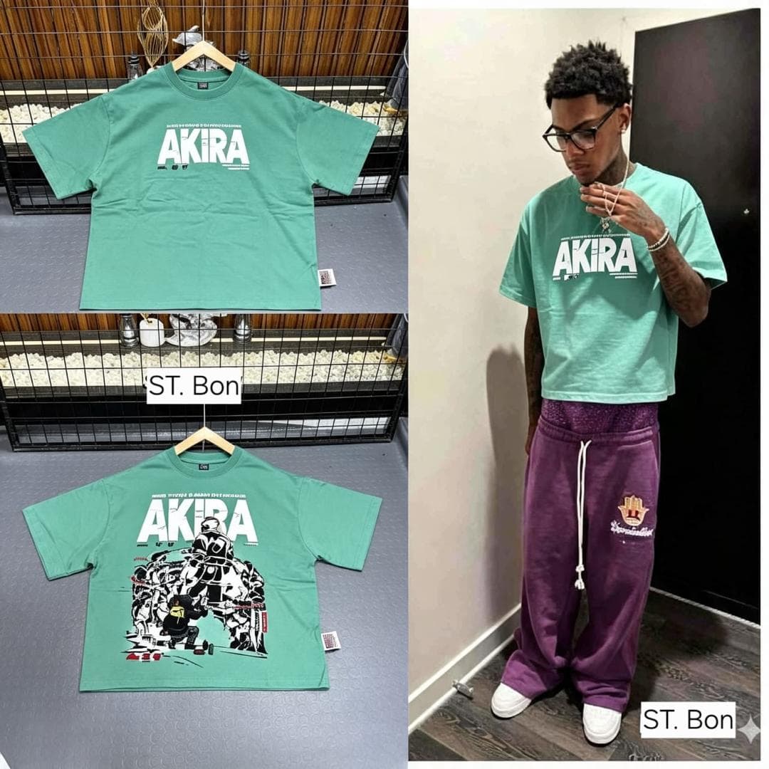 Green Akira crop top shown in flatlays of front and back plus model view.