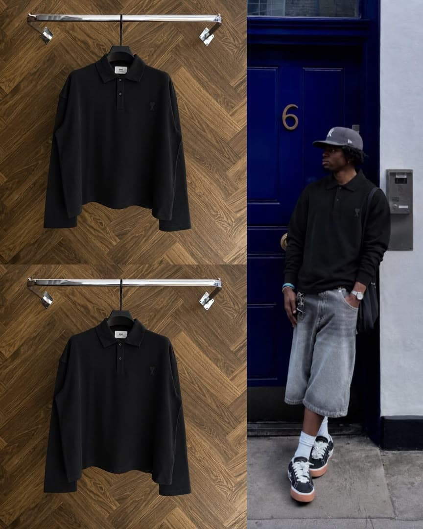 Black AMI polo shirt shown on rack and on model in urban setting.