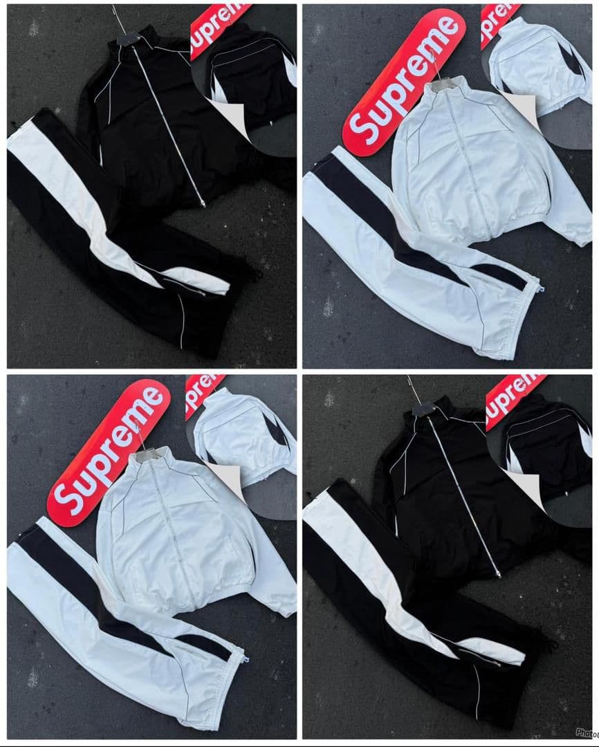 Collage showing black and white versions of the cargo tracksuit from multiple angles.