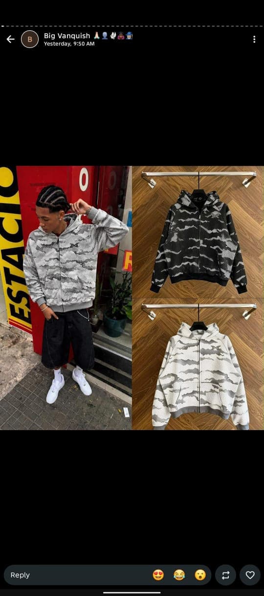 Social media post showing camo mesh hoodie in multiple colorways on model and hangers.