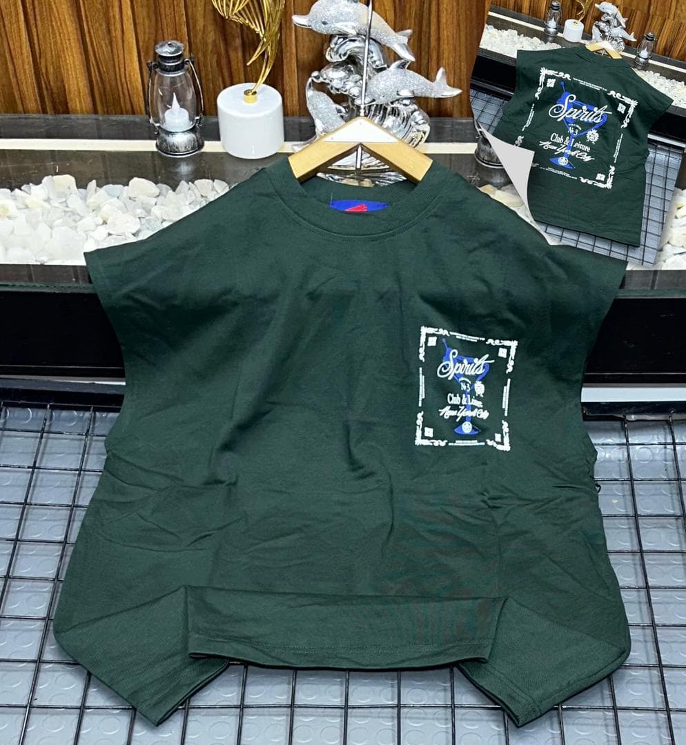 Olive Spirits graphic sleeveless sweatshirt on hanger with back inset.