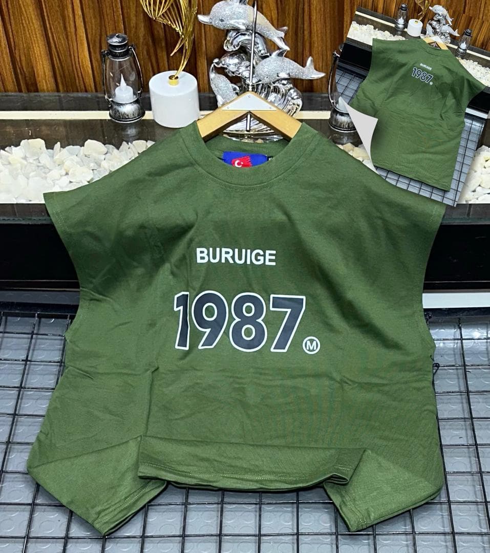 Olive Buruige 1987 sleeveless sweatshirt on hanger with back inset view.