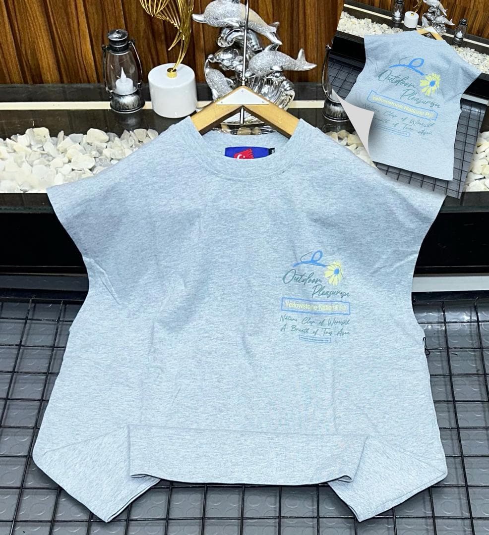 Light Gray sleeveless top with Outdoor Pleasure print on hanger.