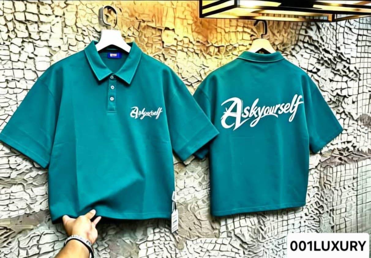 Teal polo shirt with Askyourself text print, front and back views.