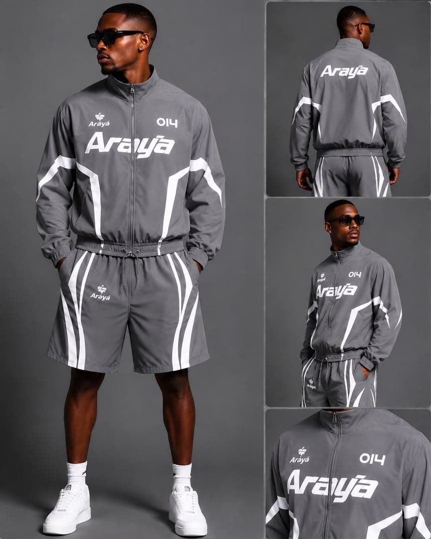 Studio views of man modeling gray Araya zip-up jacket and shorts set from multiple angles.