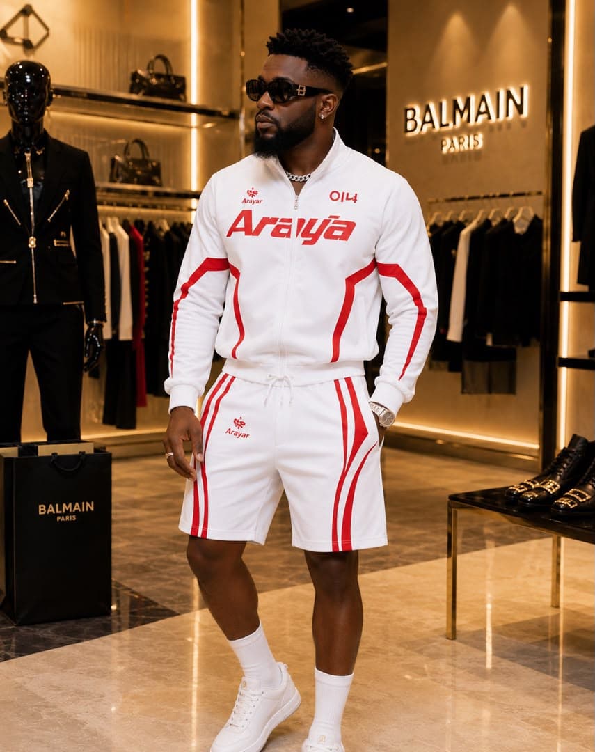 Man standing wearing white Araya zip-up jacket and shorts set in luxury retail interior.