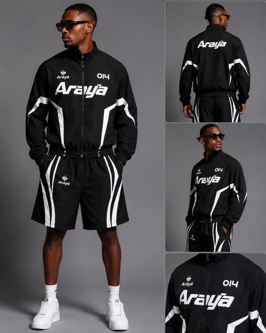 Studio views of man modeling black Araya zip-up jacket and shorts set from multiple angles.